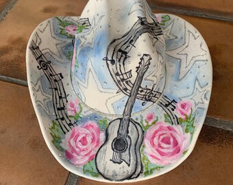 Ivory Hand Painted Bling Cowboy Hat with Guitar and Roses