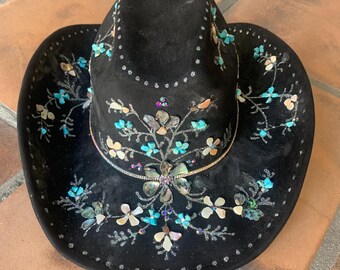 Black Hand Painted Bling Cowboy Hat with Turquoise and Mother of Pearl