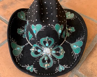 Black Hand Painted Bling Cowboy Hat with Turquoise