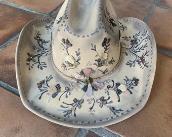 Tan Hand Painted Bling Cowboy Hat with Mother of Pearl