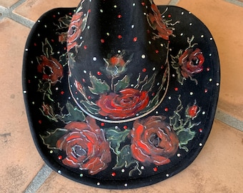 Black Hand Painted Bling Cowboy Hat with Red Roses