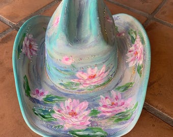 Baby Blue Hand Painted Bling Cowboy Hat with Bling and Lily Pads