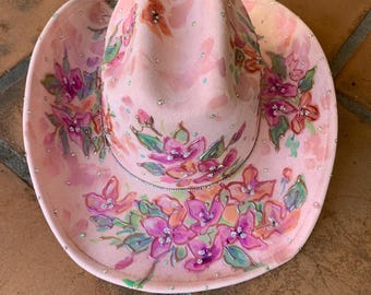 Pink Hand Painted Bling Cowboy Hat with Bling and Flowers