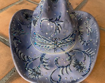 Navy Hand Painted Bling Cowboy Hat with Dragonflies