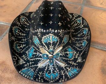 Black Hand Painted Bling Cowboy Hat with Turquoise