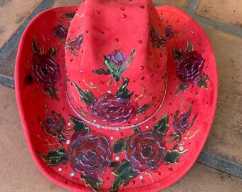 Red Hand Painted Bling Cowboy Hat with Bling and Red Roses