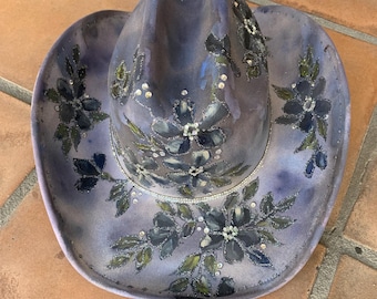 Navy Hand Painted Bling Cowboy Hat with Bougainvillea Flowers