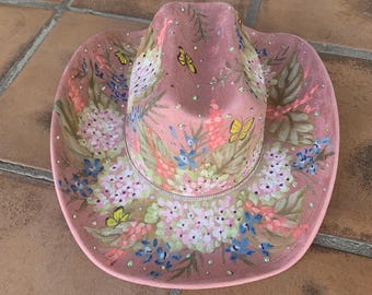 Pink Hand Painted Bling Cowboy Hat with Bling and Flowers