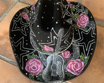 Black Hand Painted Bling Cowboy Hat with Bling, Stars and Guitar