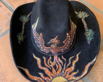 Black Hand Painted Bling Cowboy Hat with Joshua Trees and Firebird