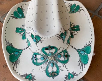 Ivory Vegan Suede Hand Painted Bling Cowboy Hat with Real Turquoise