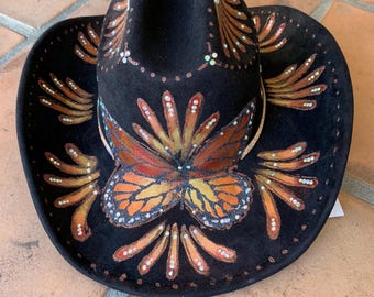 Black Hand Painted Bling Cowboy Hat with Monarch Butterfly