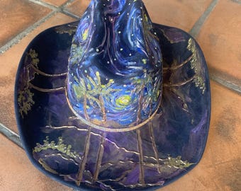 Navy Hand Painted Bling Cowboy Hat with Starry Night Motif