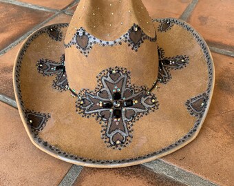Tan Hand Painted Bling Cowboy Hat with Black Stones and Southwestern Cross