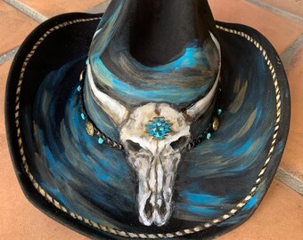 Black Hand Painted Bling Cowboy Hat with Skull