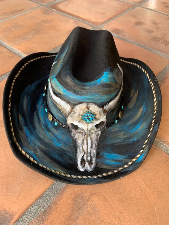 Black Hand Painted Bling Cowboy Hat With Skull - Etsy display picture 1