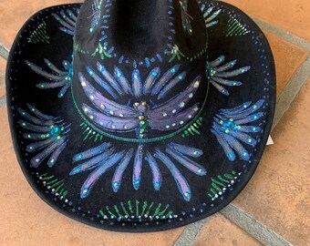 Black Hand Painted Bling Cowboy Hat with Dragonfly