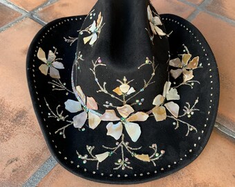 Black Hand Painted Bling Cowboy Hat with Mother of Pearl