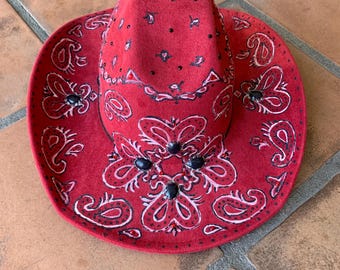 Red Hand Painted Bling Cowboy Hat with Bling and Paisley