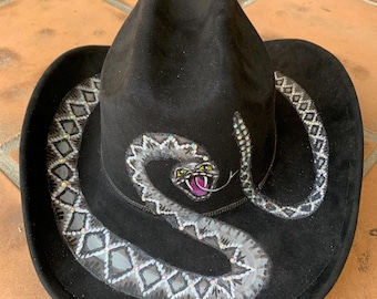 Black Hand Painted Bling Cowboy Hat with Rattlesnake