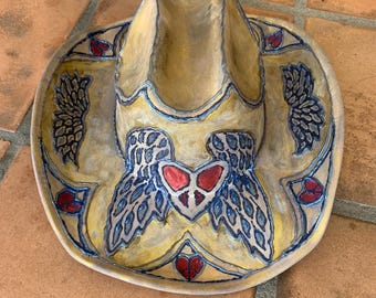 Tan Hand Painted Bling Cowboy Hat with Gold, Heart and Wings Motif