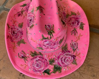 Hot Pink Hand Painted Bling Cowboy Hat with Bling and Pink Roses