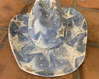 Ivory Hand Painted Bling Cowboy Hat with Denim Stars