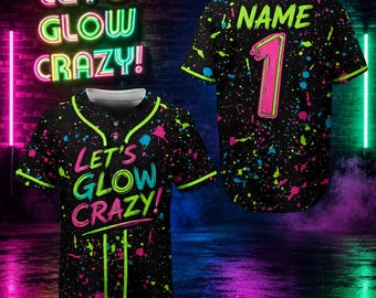 Let's Glow Crazy Baseball Jersey, Neon Blacklight Party Shirt