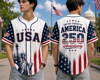 America 250 Anniversary Jersey, USA Patriotic Baseball Shirt, July 4th Button Up Jersey, American Flag Sports Tee Gift, Matching Family
