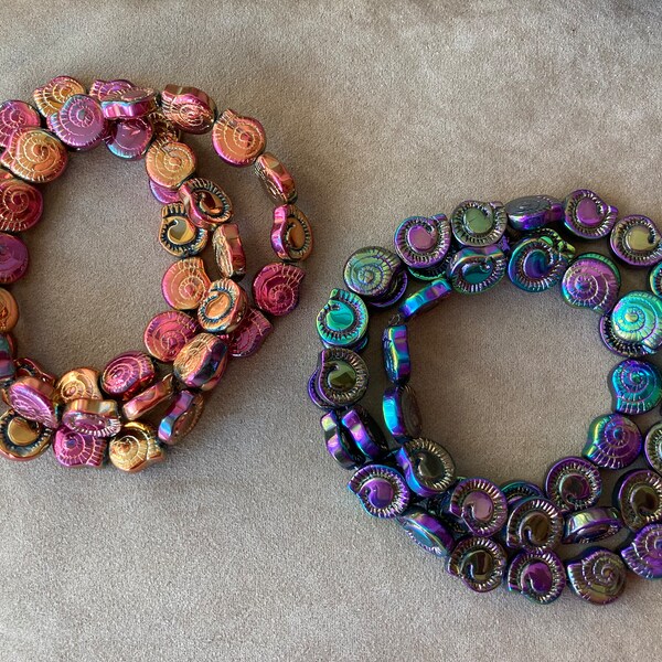 Electroplate Bead Spiral Shell, Strand of 50, Red Gold or Green Purple