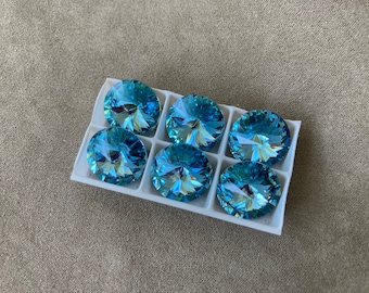 Set of 6, Swarovski Art. 1122, Aquamarine Foiled Rivoli, 14mm