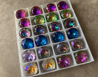 Glass Rhinestone, Faceted, Foiled with Flower Pattern, 14mm Chaton, 7 colors!