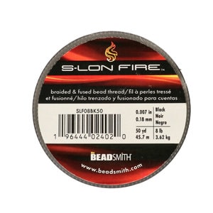 May include: A spool of black S-LON FIRE braided and fused bead thread. The spool is labeled with the product code SLF08BK50, the thread thickness of 0.007 inches, and the length of 50 yards. The spool is also labeled with the weight of 8 pounds and the brand name Beadsmith.