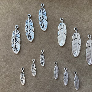 Set of 2, Boho Feather Charm / Feather Pendant, Antique Silver Plate, 2 Sizes