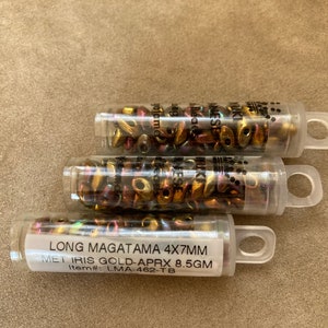 LMA-462, Metallic Iris Gold, 3 Tube Lot, Long Magatama, 4x7mm