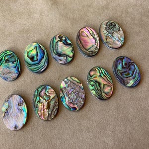 May include: A collection of ten oval-shaped abalone shells. The shells display iridescent colors including blues, greens, pinks, and purples, with unique swirling patterns. The shells are arranged on a neutral-toned surface, showcasing their natural beauty.