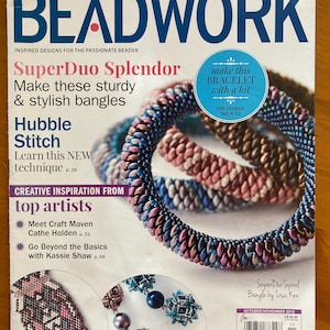 May include: A magazine cover for Beadwork magazine, featuring a close-up of a multi-colored beaded bracelet. The cover text reads "SuperDuo Splendor" and "Make these sturdy & stylish bangles".