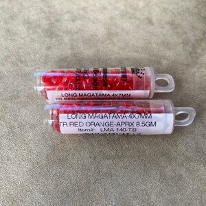 LMA-140, Tr Red Orange, 2 Tube Lot, Long Magatama, 4x7mm