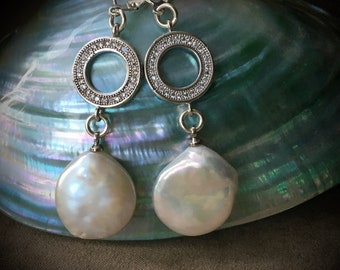 Coin Pearl & Micro Pave CZ Sterling Silver Leverback Earrings, OOAK