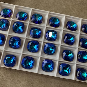 Swarovski Article 4470, 14mm Cushion Square Stone, Bermuda Blue Foiled, Vintage & Rare! Sold by the Piece