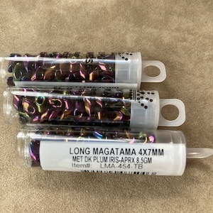 LMA-454, Metallic Dark Plum Iris, 3 Tube Lot, Long Magatama, 4x7mm
