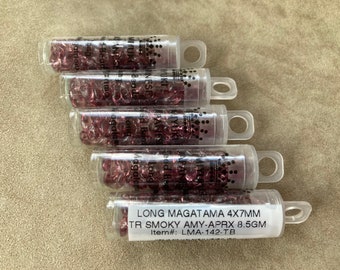 LMA-142, Tr Smoky Amethyst, 5 Tube Lot, Long Magatama, 4x7mm