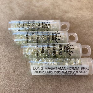 LMA-1527, Celery Lined Crystal, 4 Tube Lot, Long Magatama, 4x7mm