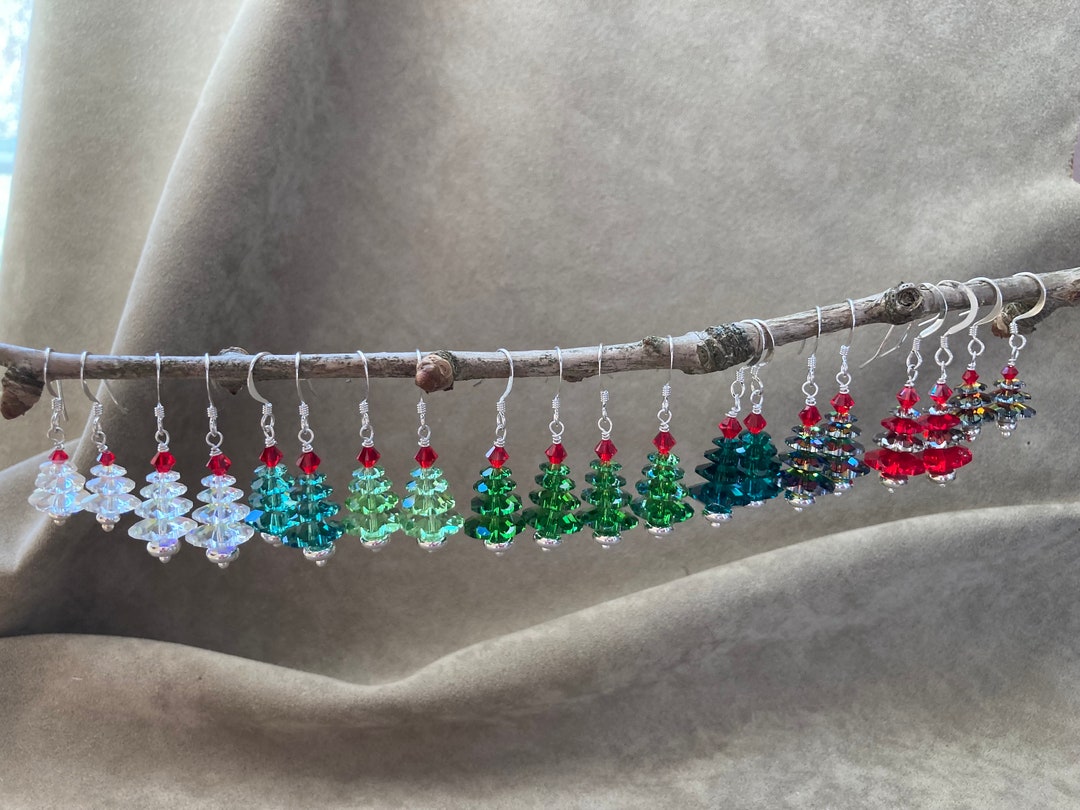 Swarovski Christmas Tree Earrings, 10 Colors! Handwrapped on Silver Plated Findings