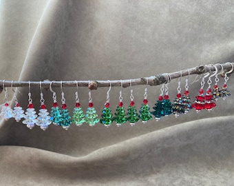 Swarovski Christmas Tree Earrings, 10 Colors!  Handwrapped on Silver Plated Findings