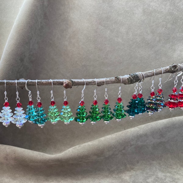 Swarovski Christmas Tree Earrings, 10 Colors!  Handwrapped on Silver Plated Findings