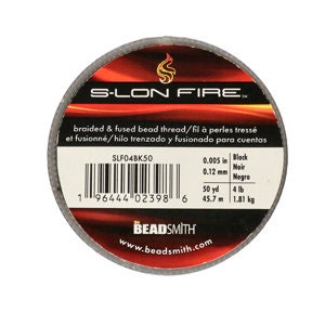 May include: S-LON FIRE braided and fused bead thread in black, 50 yards, 4 pounds. The spool is labeled with the product name, size, and color. Beadsmith logo is on the bottom.
