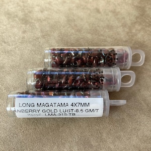 LMA-315, Cranberry Gold Luster, 3 Tube Lot, Long Magatama, 4x7mm