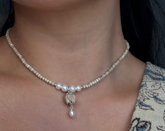 Tulasi  Kanthimala Necklace with lotus pendant , Tulsi  Beads with Pearls, Sterling Silver , Handmade Jewelry