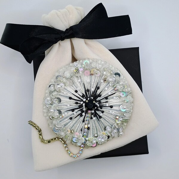 Dandelion Hand Embroidered Beaded, jacket jewelry for woman